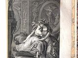 un vieux livre avec l'image d'une femme assise sur un lit