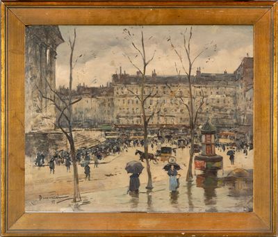 an image of a painting of people with umbrellas walking in the rain