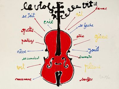 drawing of a red violin with words written on it