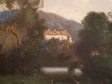 a painting of a house in the middle of a forest