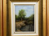 an image of a painting of a river with a bridge in the background