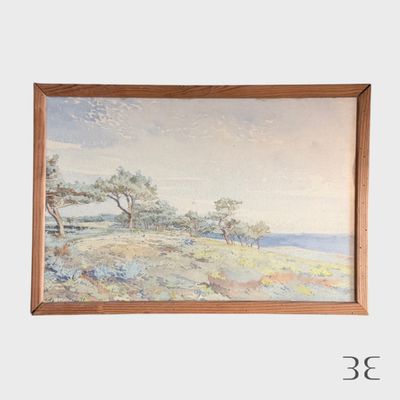 une image d'un tableau représentant un paysage avec des arbres au premier plan