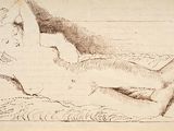 un vieux dessin représentant une femme allongée sur un lit, la tête posée sur un oreiller