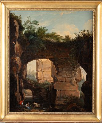 une peinture à l'huile sur toile représentant une grotte dans laquelle se trouvent un homme et un chien