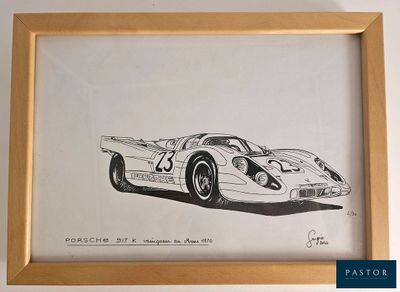 a drawing of a porsche race car on display in a wooden frame