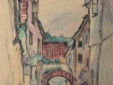 dessin représentant une scène de rue avec une personne assise sur un banc au milieu de la rue