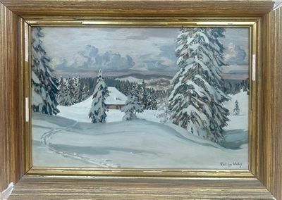 painting of a snowy landscape with a cabin in the foreground