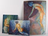 three paintings of nudes are displayed on a white surface