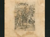 an old drawing of a man on a horse holding a flag