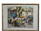 tableau représentant une scène de marché avec un homme vendant des fruits et des légumes
