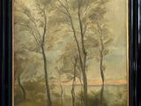 peinture représentant un paysage avec des arbres et un lac au loin