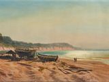 tableau représentant une scène de plage avec des bateaux sur le sable et une personne debout au bord de l'eau
