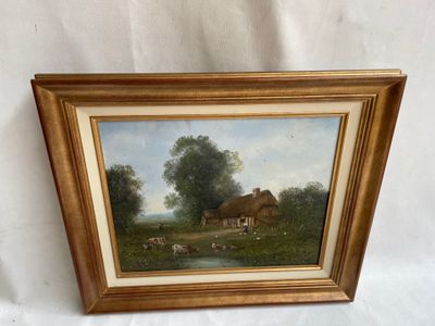 une peinture à l'huile représentant une scène de vie à la ferme avec des vaches dans un champ