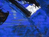 a painting with a blue background and a black and white picture