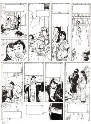 une image en noir et blanc d'une bande dessinée avec des personnages en arrière-plan