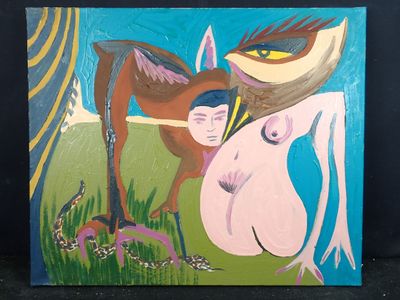 un tableau représentant une femme et un cheval dans un champ
