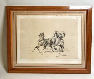tableau représentant deux hommes à cheval tirant une charrette sur laquelle se trouve un homme à cheval
