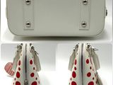 two pictures of a white purse with red polka dots on it