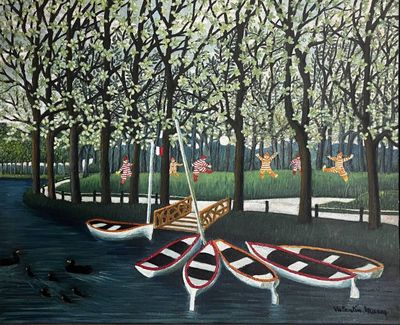 painting of boats in a park with trees and ducks in the water