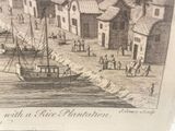 a drawing of a boat in the water near a town
