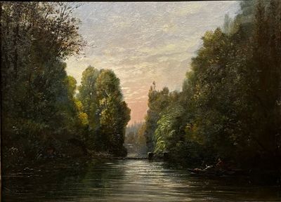 un tableau représentant une rivière sur laquelle navigue un bateau