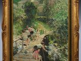 an oil painting of a group of people walking down a path