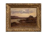 l'image d'un tableau représentant un paysage avec une rivière au premier plan