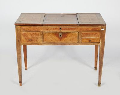 an old wooden table with two drawers and a drawer underneath it