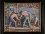 un tableau représentant un groupe d'hommes travaillant sur un bateau