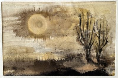 une image représentant un tableau d'un arbre avec le soleil en arrière-plan