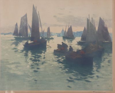 painting of a group of sailboats in a body of water
