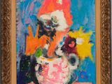 an oil painting of a vase with flowers in it on a table