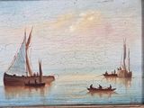 a painting of boats in the water on the wall