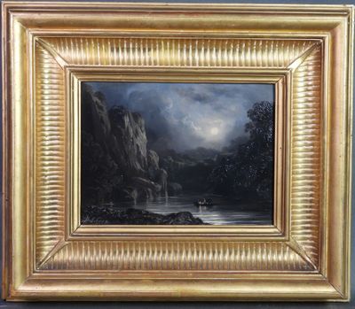 une peinture représentant une scène de montagne avec une rivière au premier plan
