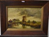 an oil painting of a windmill in a field with a river in the foreground