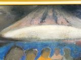 une peinture représentant un groupe de personnes assises sur un banc