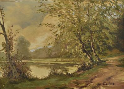 an oil painting of a dirt road by a river with trees