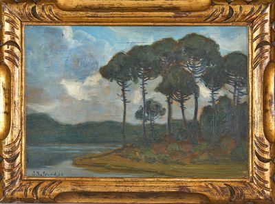 une peinture à l'huile représentant un paysage avec des arbres et un plan d'eau