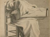 dessin représentant une femme assise à une table, en train d'écrire sur une feuille de papier