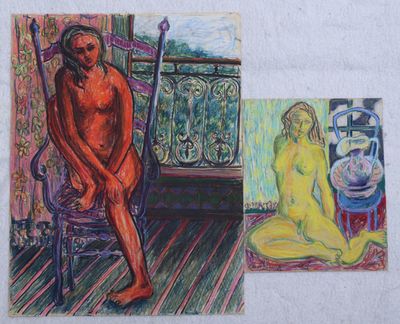 two paintings of a woman sitting in a chair next to a painting of a woman sitting in a chair