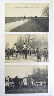 trois photos en noir et blanc montrant des personnes à cheval dans un champ