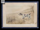 un tableau représentant un chien courant dans un champ d'herbes hautes