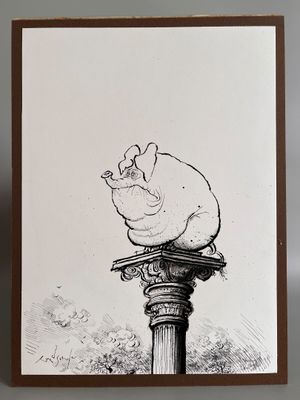 un dessin en noir et blanc représentant un cochon assis au sommet d'un poteau