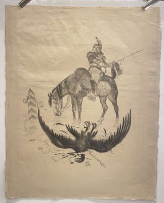 drawing of a man on a horse with a bird in the foreground