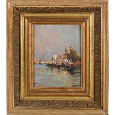 un tableau représentant un bateau sur une rivière, avec des bâtiments en arrière-plan