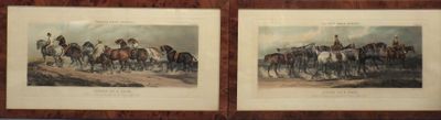 deux gravures encadrées représentant des chevaux galopant sur un chemin de terre