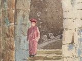 a painting of a man in a red robe walking up a set of stairs