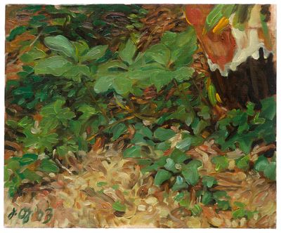 an oil painting of a person standing in the grass near a tree