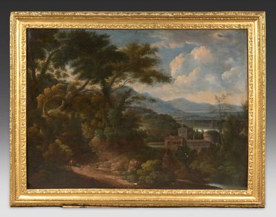 une peinture à l'huile d'un paysage avec un château au loin