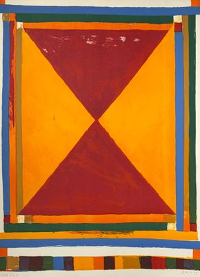 une peinture représentant un carré orné d'un motif rouge, jaune et vert